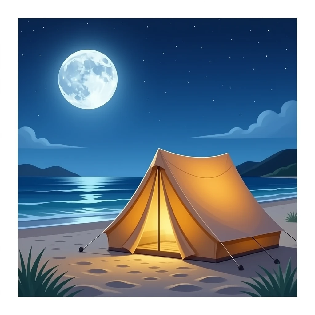 Tent with a light on in it on a moonlit beach emoji