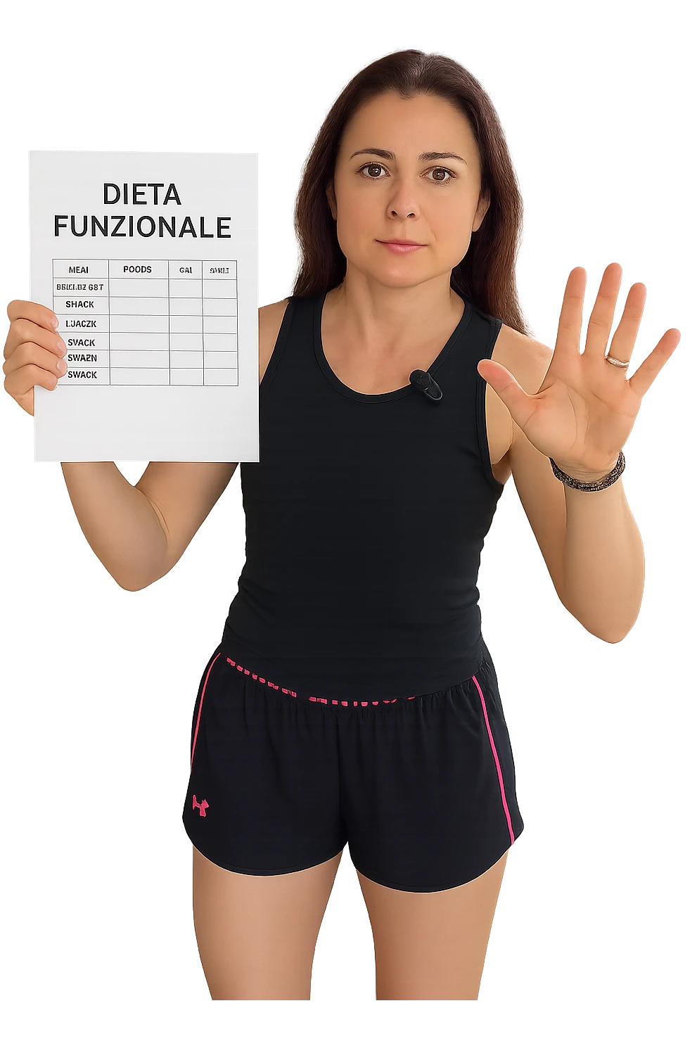 Donna con in mano una dieta con scritto "Dieta Funzionale" emoji