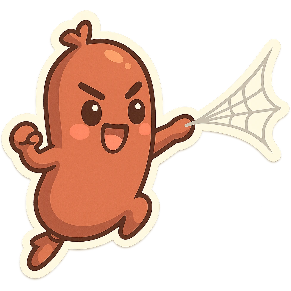 sausage character launching a spiderweb from its end, energetic pose emoji