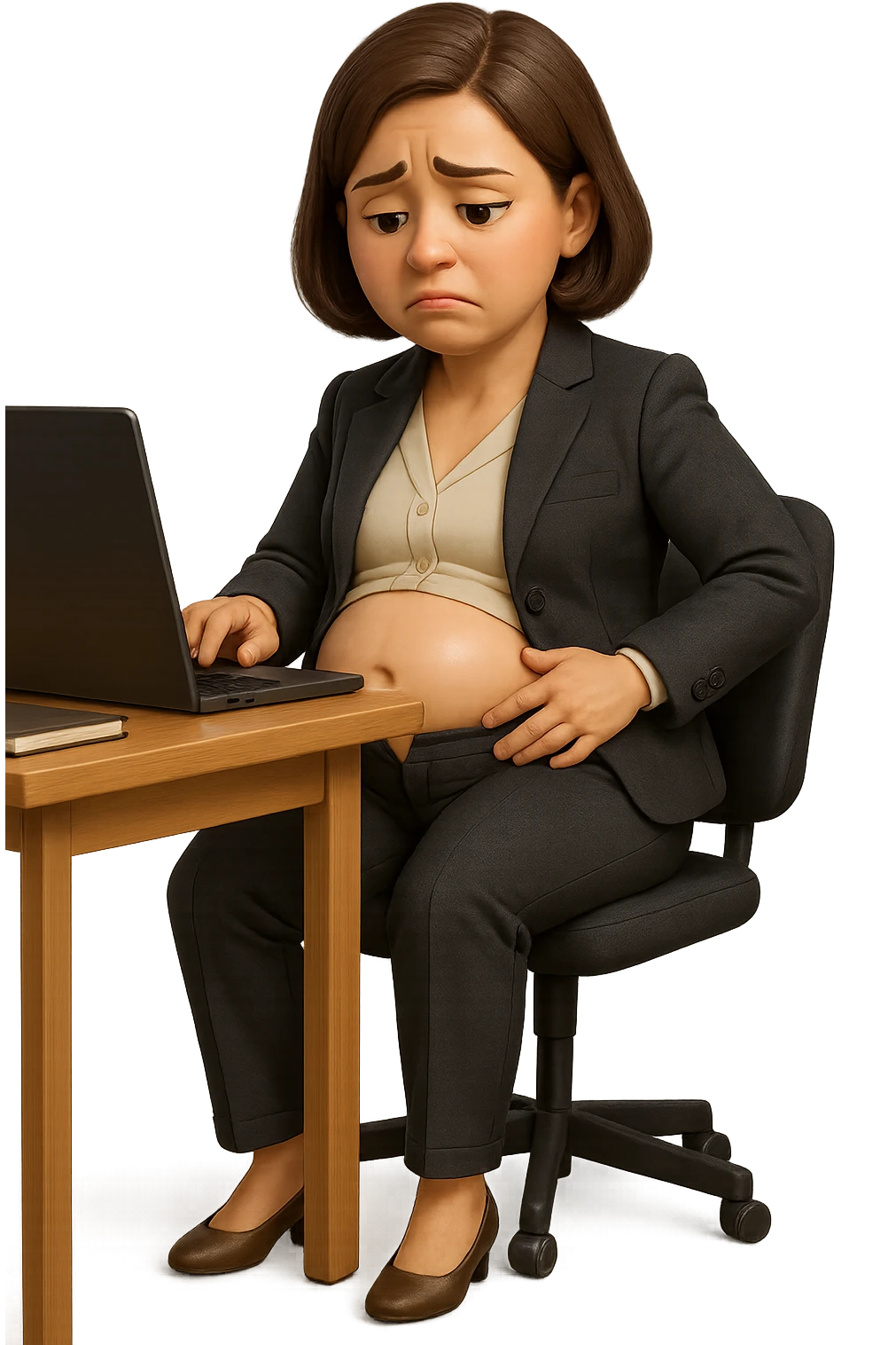 emoji stile iphone di una donna seduta alla scrivania dell'ufficio in completo elegante con i pantaloni sbottonati perché ha la pancia gonfia, falla a corpo intero, iperrealistico 4k emoji