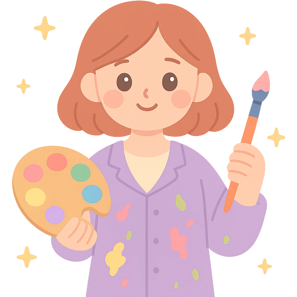 Serene female oil painter, Caucasian features, shoulder-length auburn hair, soft brown eyes, gentle smile, wearing a violet painter’s smock lightly stained with paint over a beige blouse, holding a wooden palette with vibrant colors in one hand and a brush in the other, waist-up, front-facing emoji