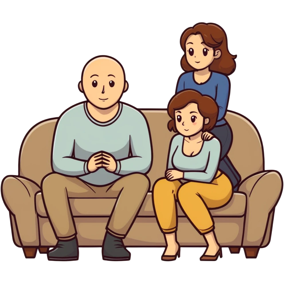 One Caucasian woman with brown hair big boobs wearing pants sitting on a couch with a bald man. Shebis kneeling emoji