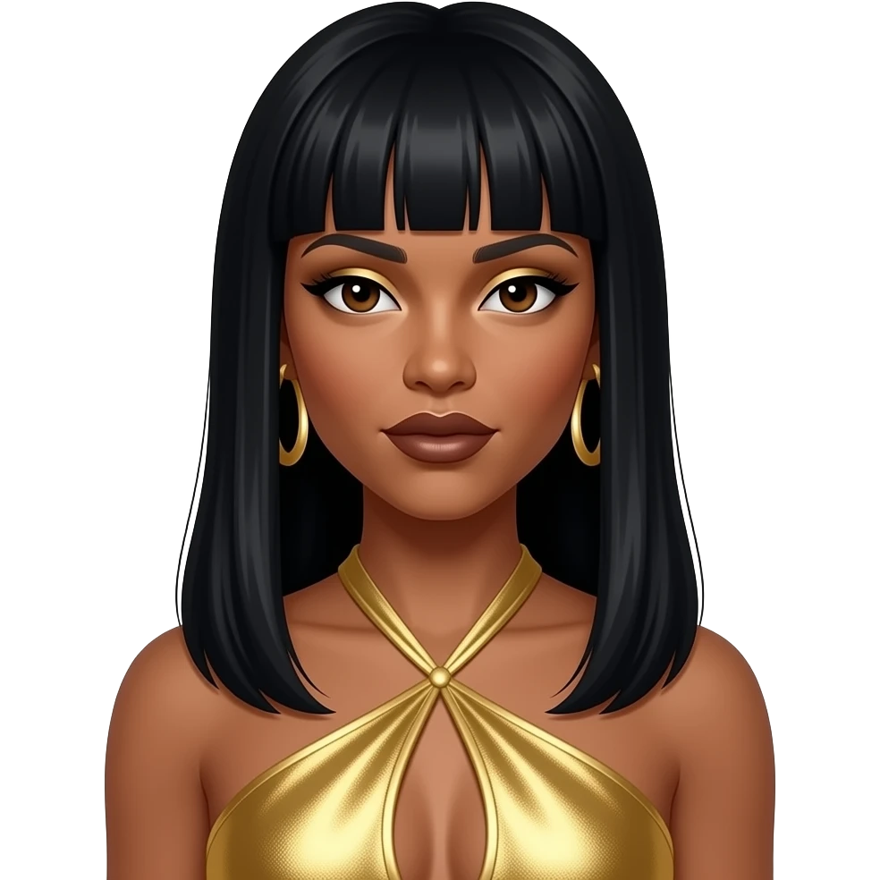 LeToya Luckett from Destiny's Child with dark brown eyes, long black 90s sleek n sassy bang hair, gold eyeshadow, dark brown lipstick, gold metallic halter dress, gold earrings emoji