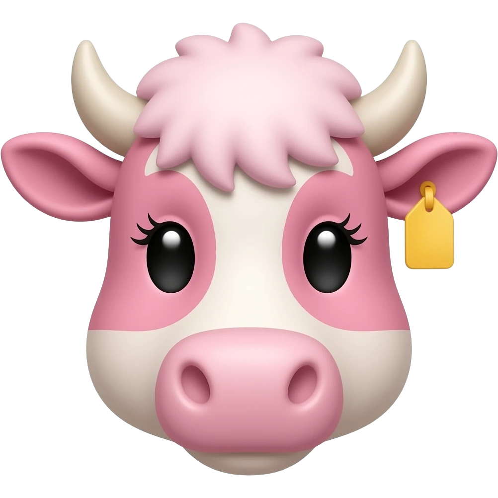 a cotton-pink cow head with curly bangs with fluffy white eylashes and with a yellow tag in its ear emoji