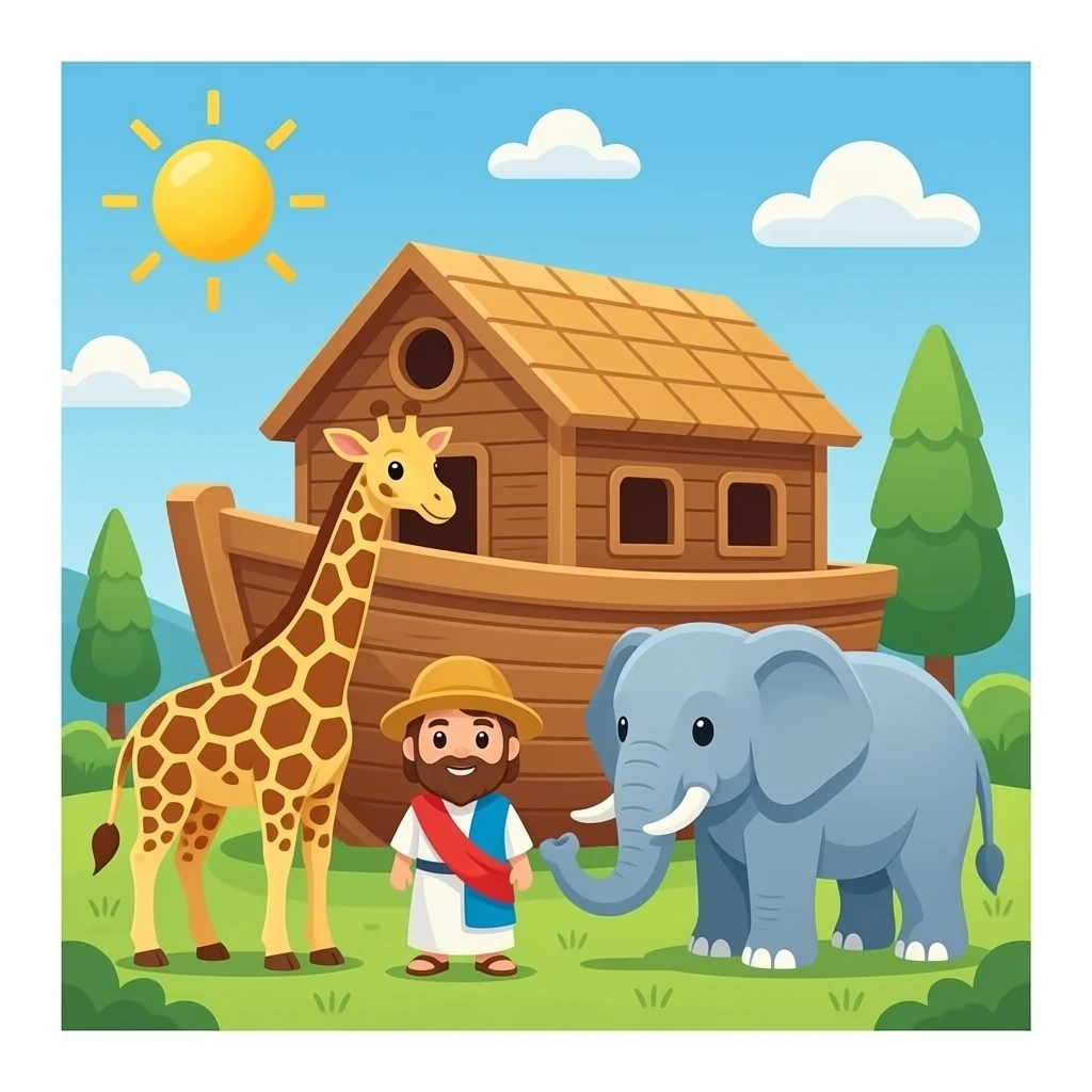 Noah’s Ark with Noah and giraffe and elephant emoji