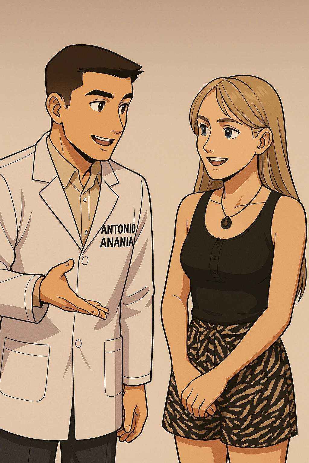 fai un webtoon/manga a colori con questo kinesiologo in camice bianco (fagli la scritta "ANTONIO ANANIA" SUL CAMICE) CHE PARLA CON QUESTA RAGAZZA CON GLI OCCHI AZZURRI. la ragazza gli fa una domanda e IL KINESIOLOGO CON IL CAMICE BIANCO LE risponde. NON FARE I FUMETTI, FAI SOLO LORO COME SE DIALOGASSERO emoji