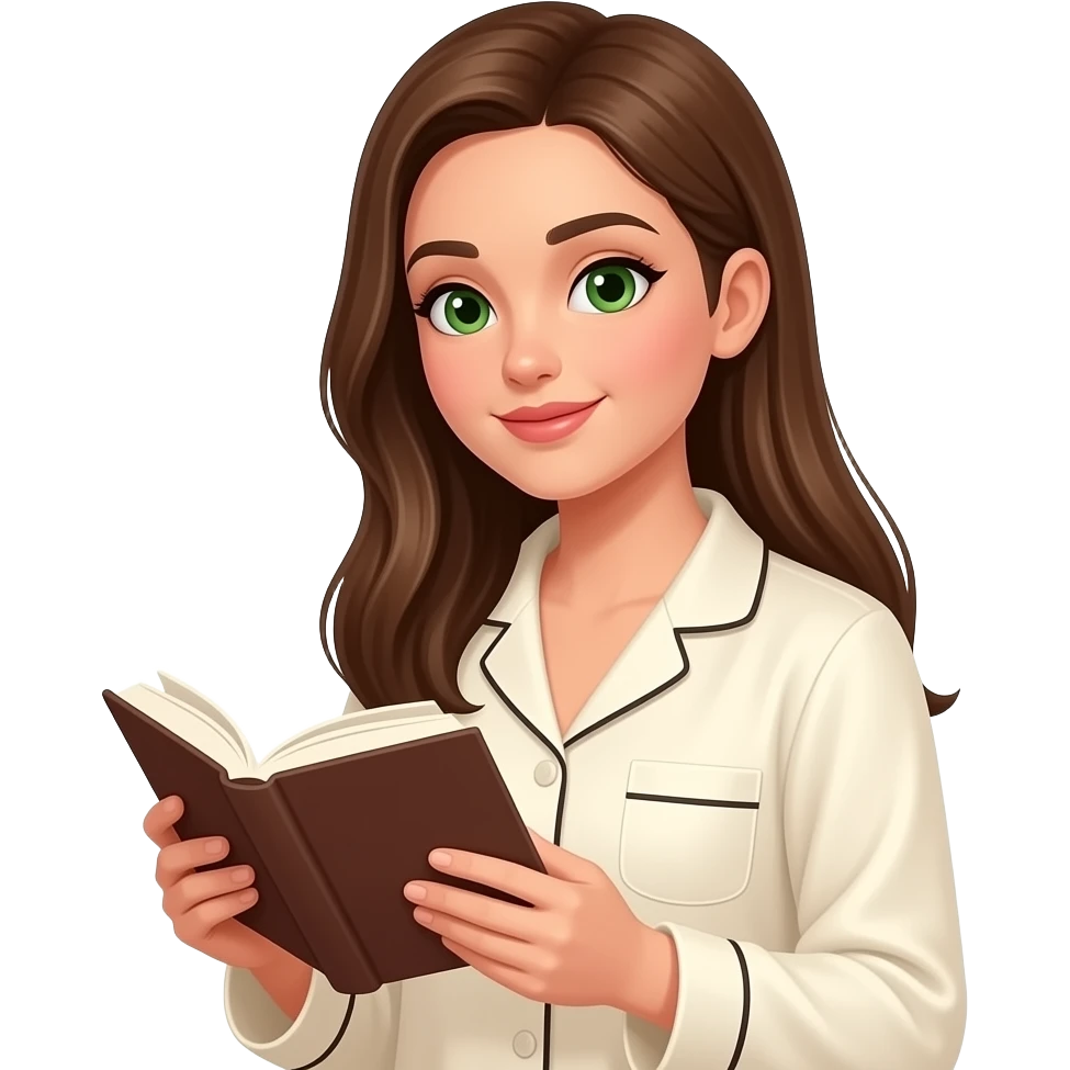 woman with green eyes and long brown hair straight reading a book in a cream pyjama top emoji