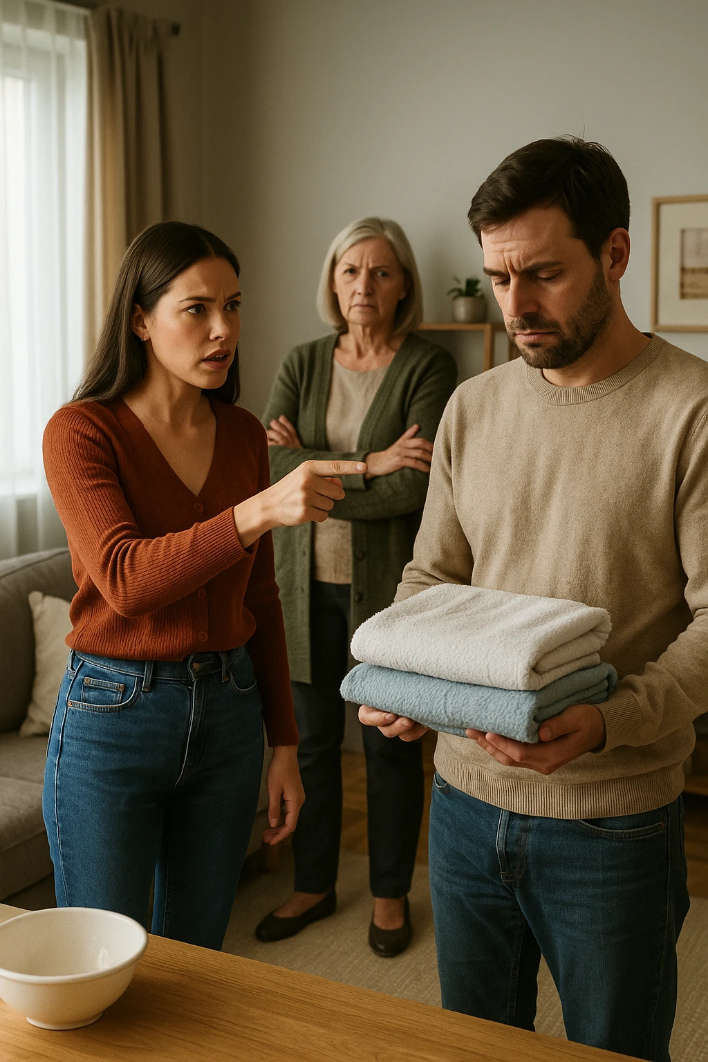 a woman stands assertively in the center of a living room, giving clear instructions to her partner. The man, with a submissive and resigned expression, follows her directions, perhaps holding household items or performing a chore. Behind them, an older woman (the mother-in-law) stands with crossed arms and a disapproving look, watching the scene unfold. The lighting is natural, and the atmosphere is tense but realistic. emoji