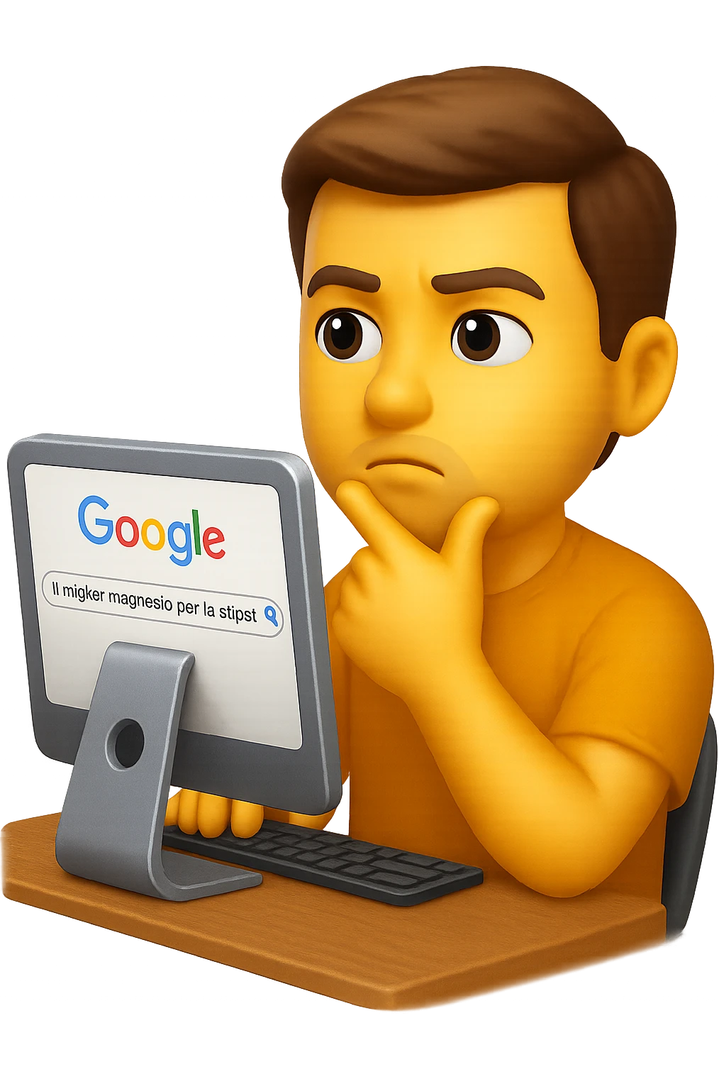 emoji stile iphone di un uomo davanti al pc che cerca di google: "Il miglior magnesio per la stipsi", iperrealistico 4k emoji