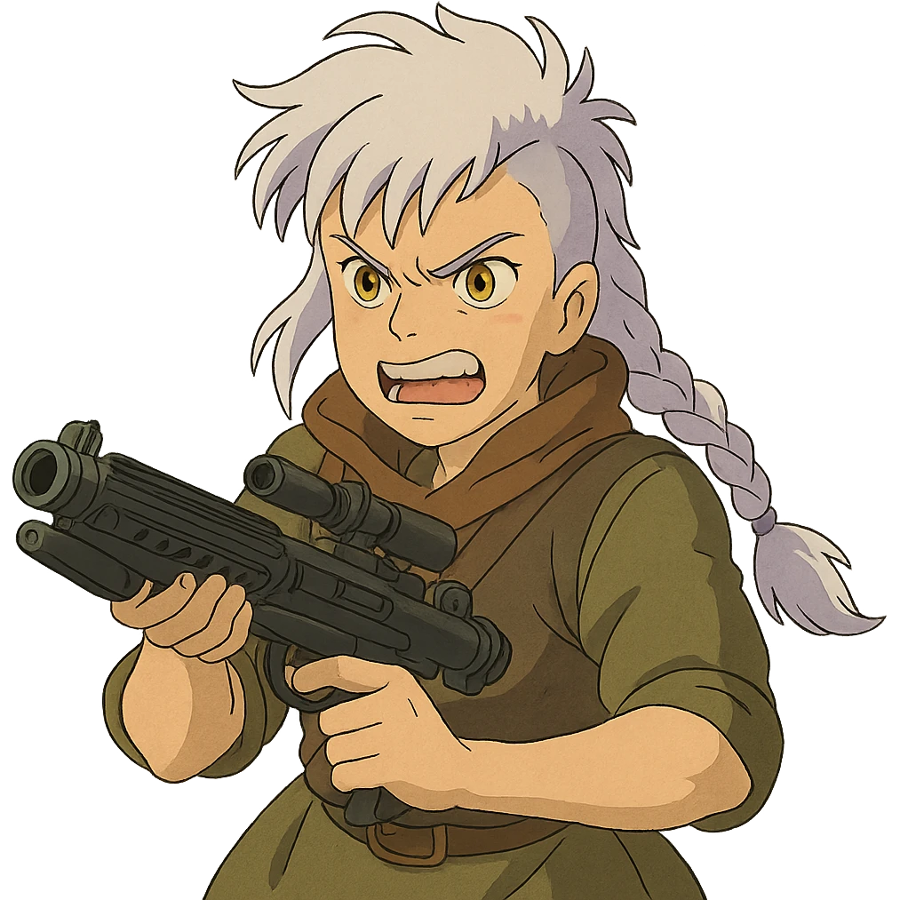 1 FEMALE, GOLD YELLOW EYES, WHITE HAIR LAVENDER TIPS, MESSY LOCKS BANGS MOHAWK, LONG BRAID, MERCENARY GARB, HOLDING A STORMTROOPER'S E11 BLASTER RIFLE, BRANDISHING, FURIOUS GLARE, GRITTING TEETH emoji
