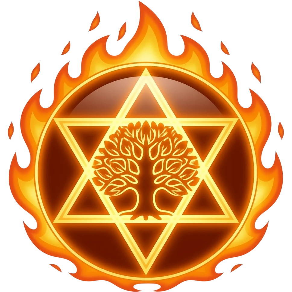 fire blazing, glowing merkaba with iconic tree of life emoji