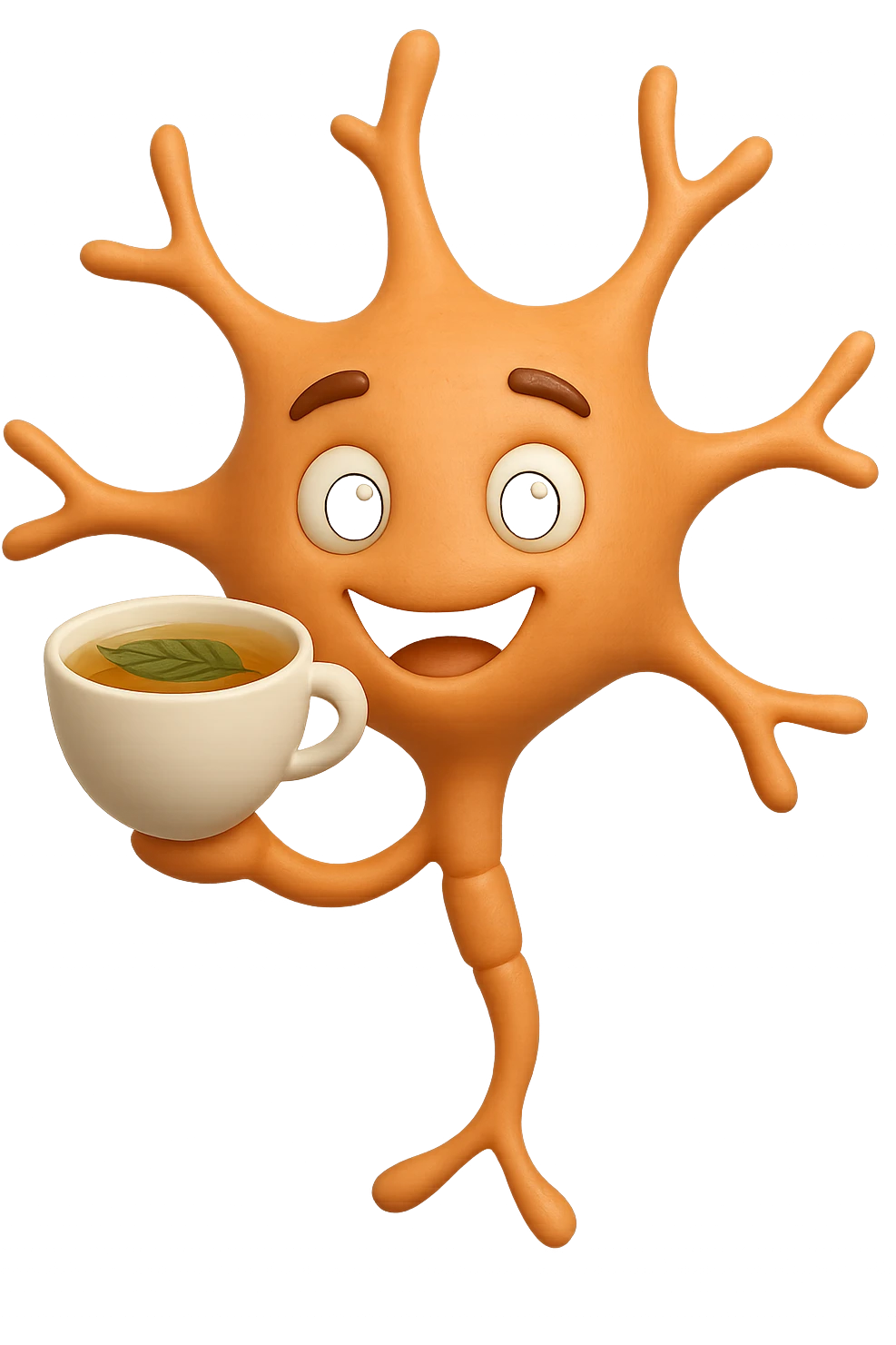 emoji stile iphone 3d di un neurone che fluttua in aria insieme ad un tè alle erbe, iperrealistico 4k emoji