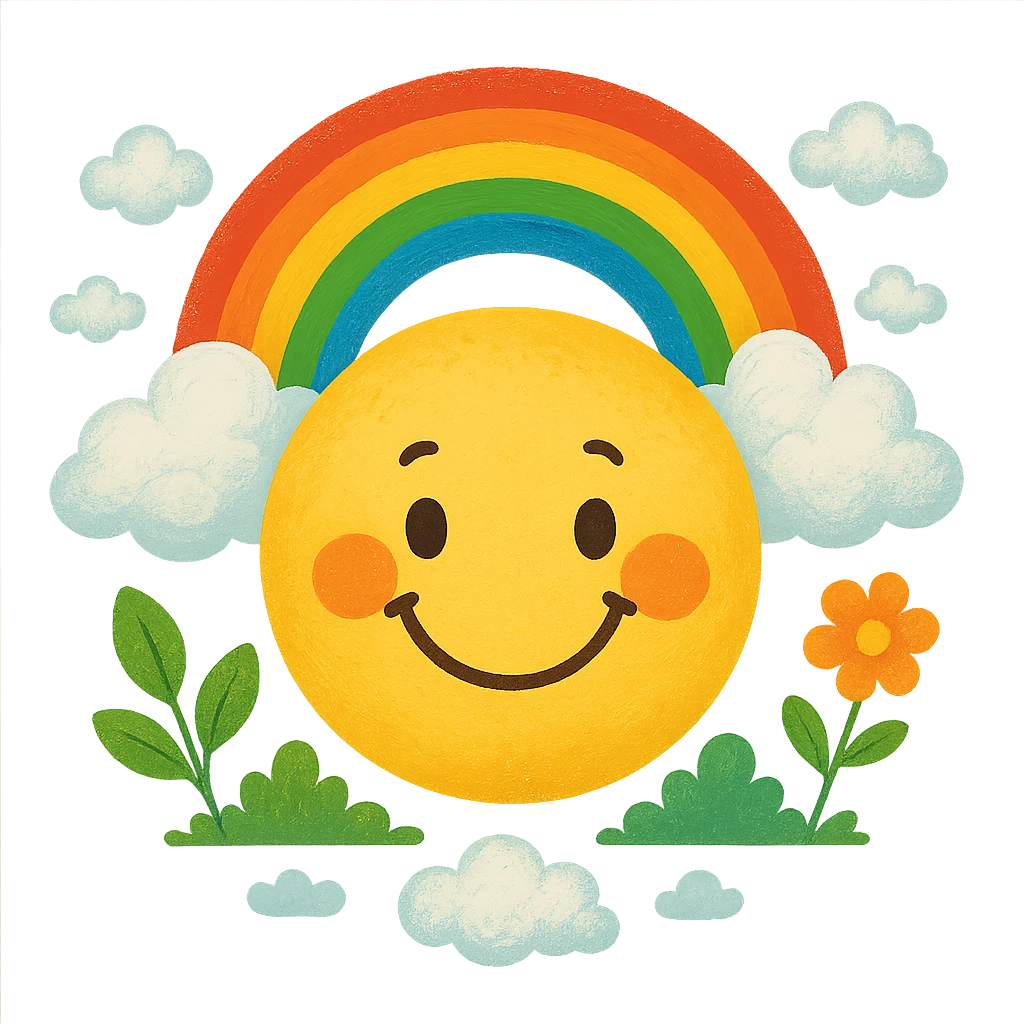yellow face with rainbow and clouds, nature theme, digital illustration emoji
