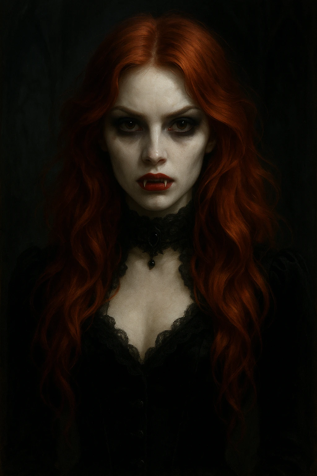 vampire girl with ginger hair, pale skin, fangs, gothic style emoji
