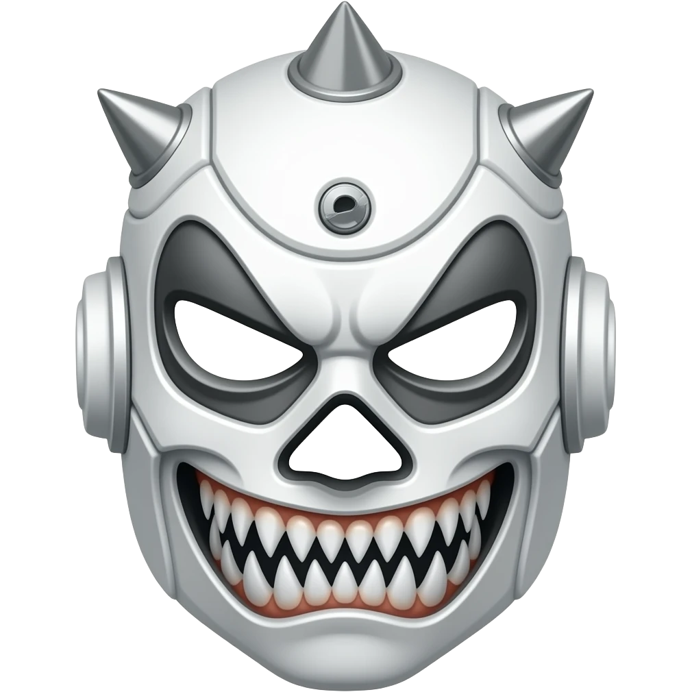 Mascara de lucha libre blanca con diseño de robot von 3 puas en la cabeza a lo largo con diseño de ciborg y que se vean los ojos y que los dientes sean triangulares del luchador emoji