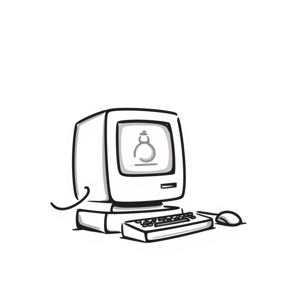 Pixel art style old Macintosh computer, simple monochrome linework emoji