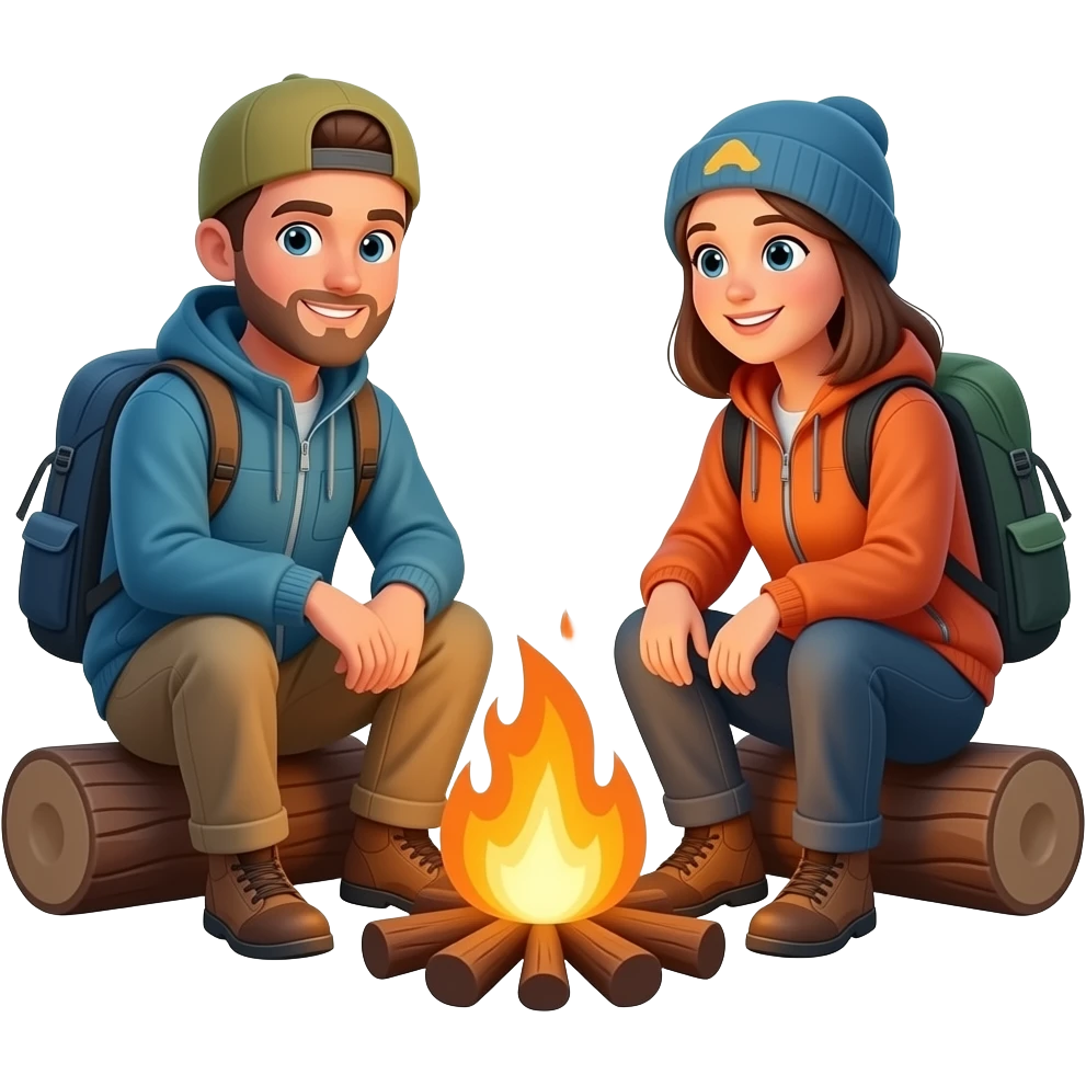 race men and women sitting around a campfire wearing camping clothing no visible backpacks emoji