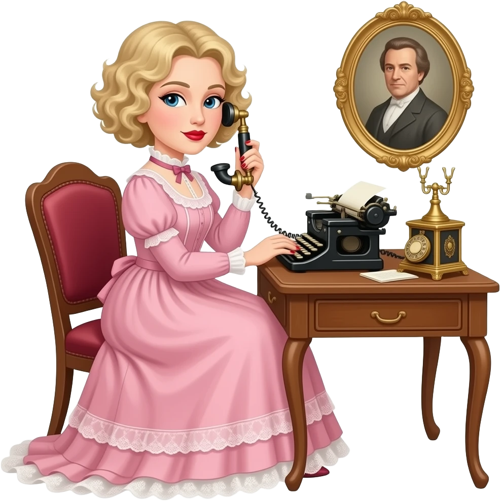 short blonde curly pixie bob hair in a 1800 pink outfit sitting down an antique desk with four wood legs, antique phone, and typing on an antique typewriter with red lipstick, red finger nails and in a Victorian setting emoji