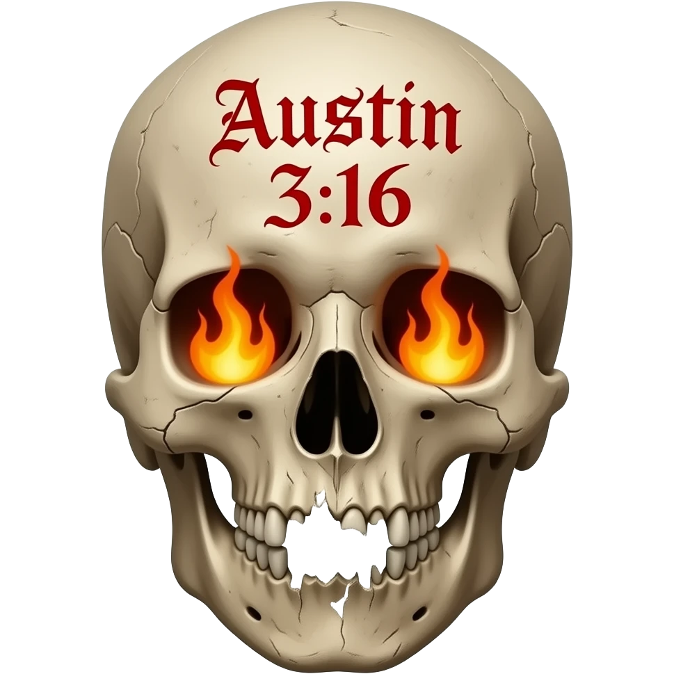 human skull, partially missing top, jaw slightly open, teeth chipped, Austin 3:16 carved in forehead, eye & nose cavity with flames, words a bright red Gothic font, entire skull is aged, sun dried, weathered emoji