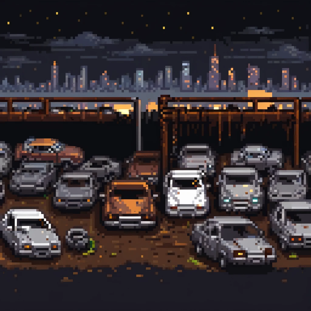 Pixel art junkyard at night, crushed cars, rusty metal, broken fence, flickering light, city lights far in the background, vertical 9:16 scene, side-view camera, retro arcade fighting stage
 emoji