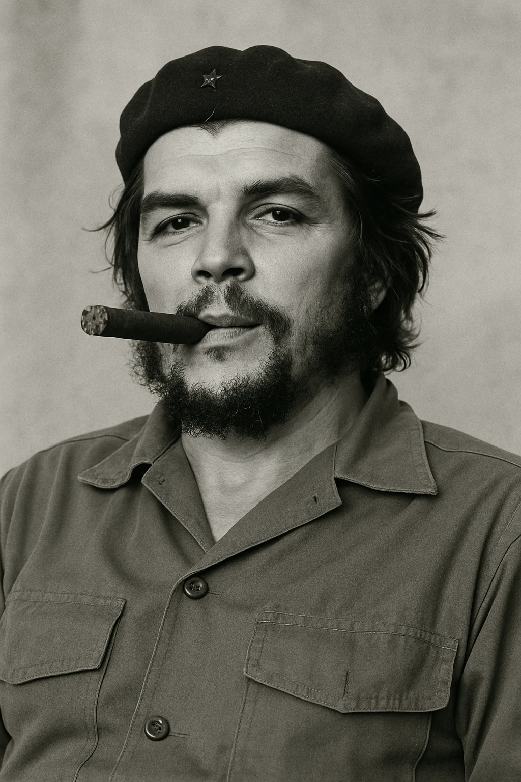 Сгенерируй мне в такой же позе и в такой же одежде Че Гевара и с сигарой в зубах, без надписей и слов emoji