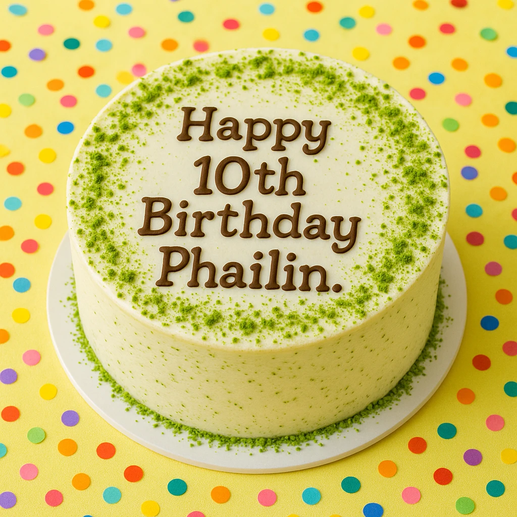 A round matcha white chocolate cake with green sprinkles, confetti around, cheerful and bright atmosphere, 'Happy 10th Birthday Phailin.' written in playful font on the cake. emoji