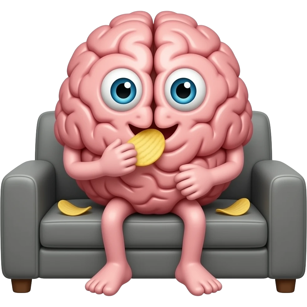 Brain with eyes and legs being a couch potato emoji