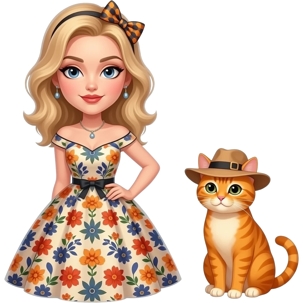 female shy seducing  attire Orange Cat in Hat, dress,  front facing emoji