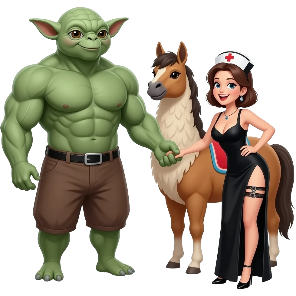 Llama in the background, 6 foot tall muscular  Yoda standing and holding hands  immediately behind a pony  tailed nurse smiling with open mouth, wearing a garter belt, long black dress.Nurse  has DD breasts slit down side of dress , she is bending over looking back at Yoda seductively emoji