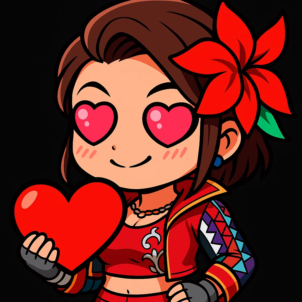Azucena from Tekken 8 in chibi sticker style with heart eyes and blushing, standard Twitch emote, wearing her detailed red and patterned outfit as shown in the reference images. emoji