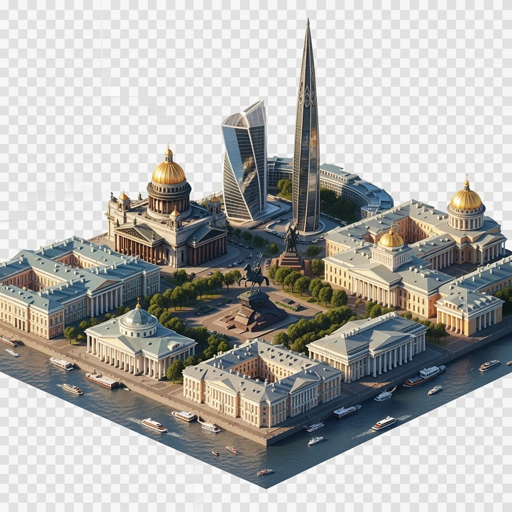 Изометрическая иллюстрация-модель Санкт-Петербурга с акцентом на фотореалистичный Исаакиевский собор, Зимний дворец, памятник Петру I, Адмиралтейство, здание Сената, башня Лахта-центр баланс между стилизацией и реализмом, эффект рисованной миниатюры Tift shift, прозрачный фон. emoji