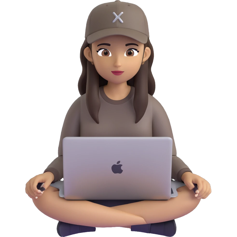 A professional 3D avatar of a young woman with olive skin and long, dark brown hair, wearing a dark, long-sleeved dark taupe shirt and a black baseball cap. She's sitting at a sleek wooden desk, typing on a silver MacBook. emoji