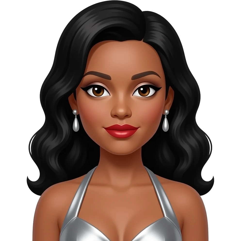 Tenitra Michelle Williams with dark brown eyes, long black 60s beehive hair, silver eyeshadow, red lipstick, silver metallic halter dress, silver earrings emoji