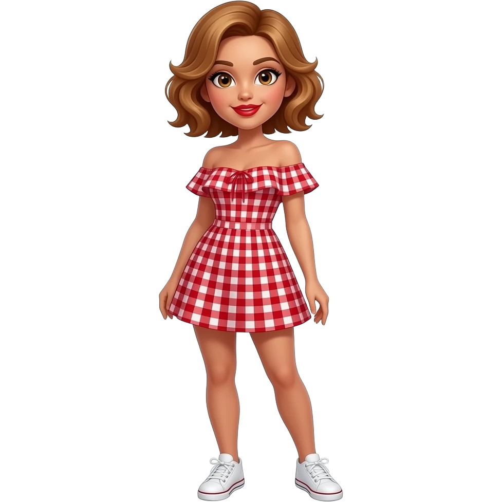 glamours,-tanned,-very-beautiful-girl,-with-big-plump-red-lips,-long-long-lashes,-honey-silky-very short- hair,-wavy-hair,-hazel-eyes- wearing- red-gingham-frill - dress- white-sneakers-shrugging-full-body emoji