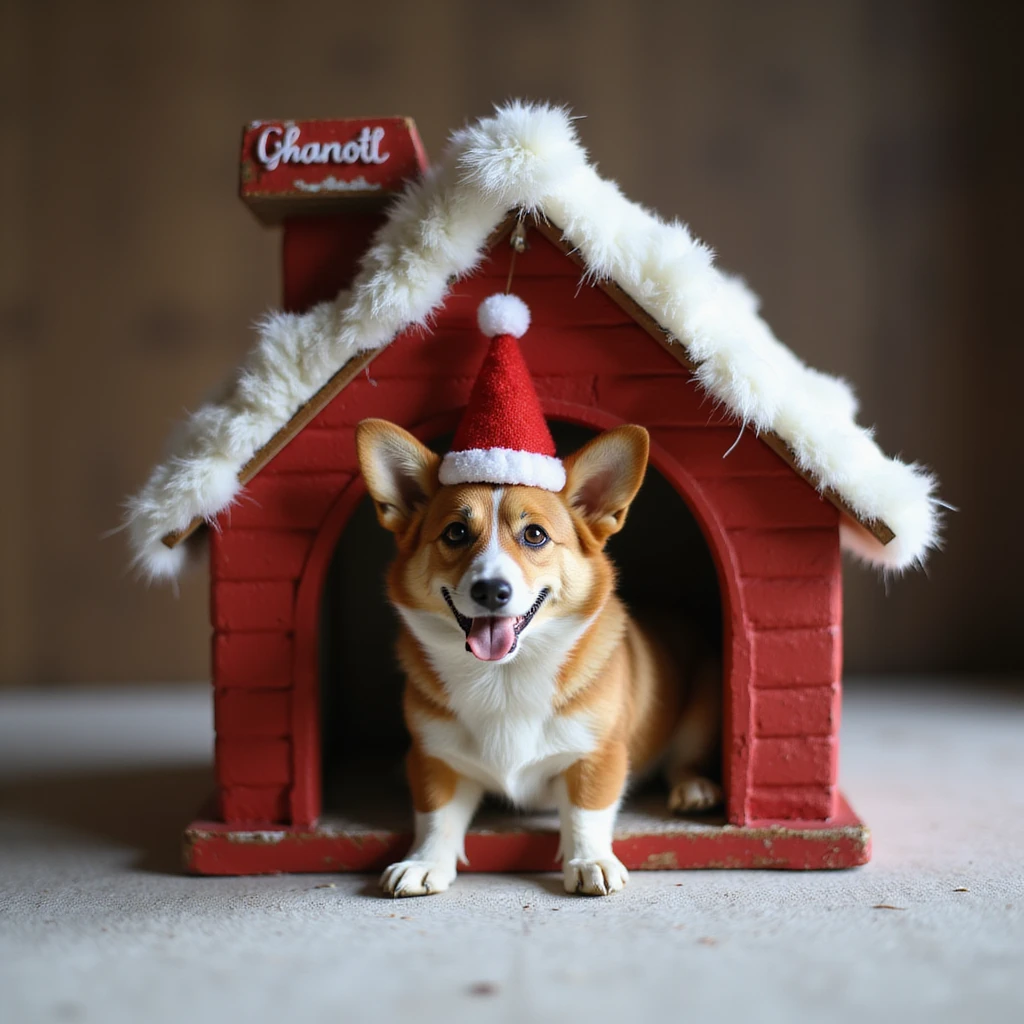 realistic red dog house with a Corgi dog inside, Corgi with a Santa hat, photorealistic style emoji