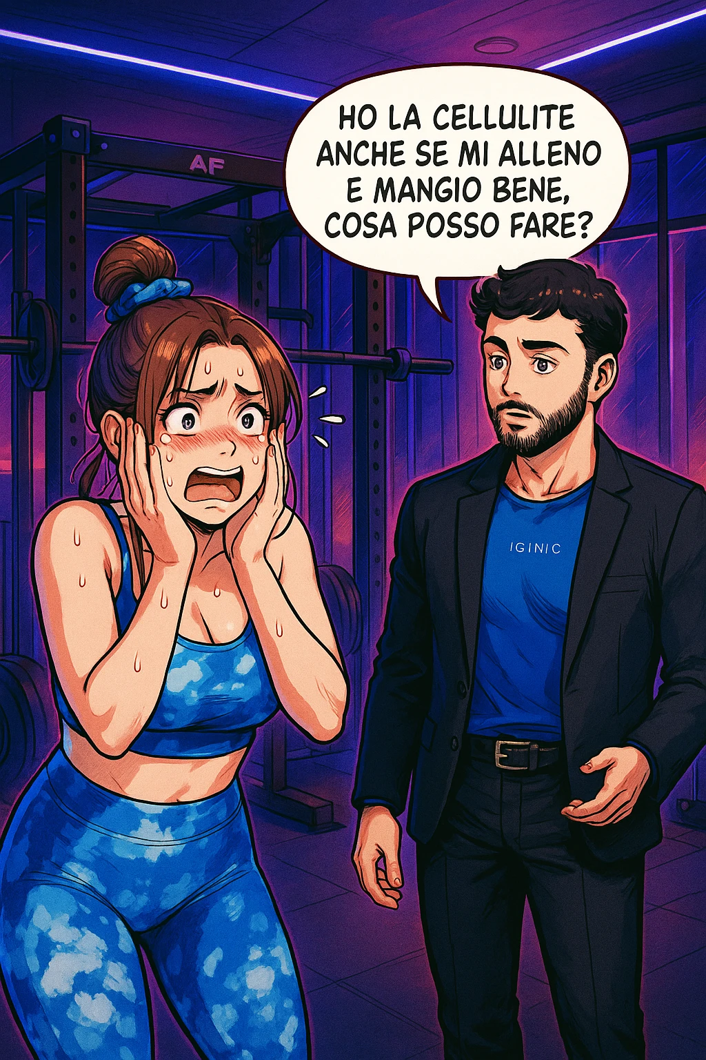 TRASFORMA QUESTO CAROSELLO IN UN FUMETTO STILE WEBTOON/MANGA A COLORI CON QUESTE DUE PERSONE IDENTICHE CHE INTERLOQUISCONO TRA LORO, LA DONNA è DISPERATA CON LE MANI SULLE GUANCE E STA DOMANDANDO TUTTA AGITATA UNA COSA ALL'UOMO:

LEI (DONNA): Ho la cellulite anche se mi alleno e mangio bene, cosa posso fare? emoji
