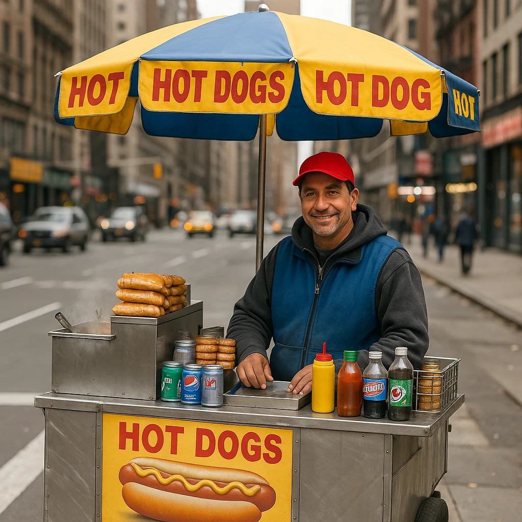 hotdog seller in New York with cart emoji