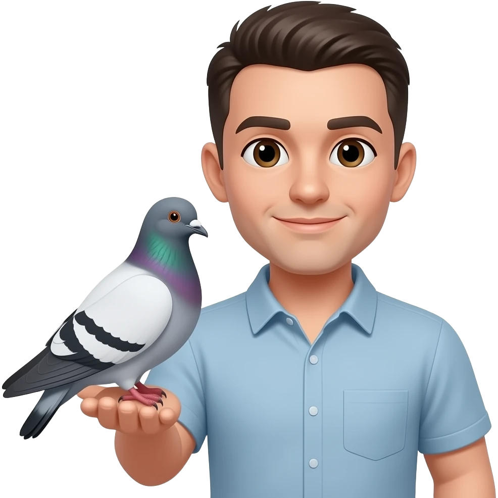 Man very short haired holding  his pet dove ( white body - black wing part and head ) emoji