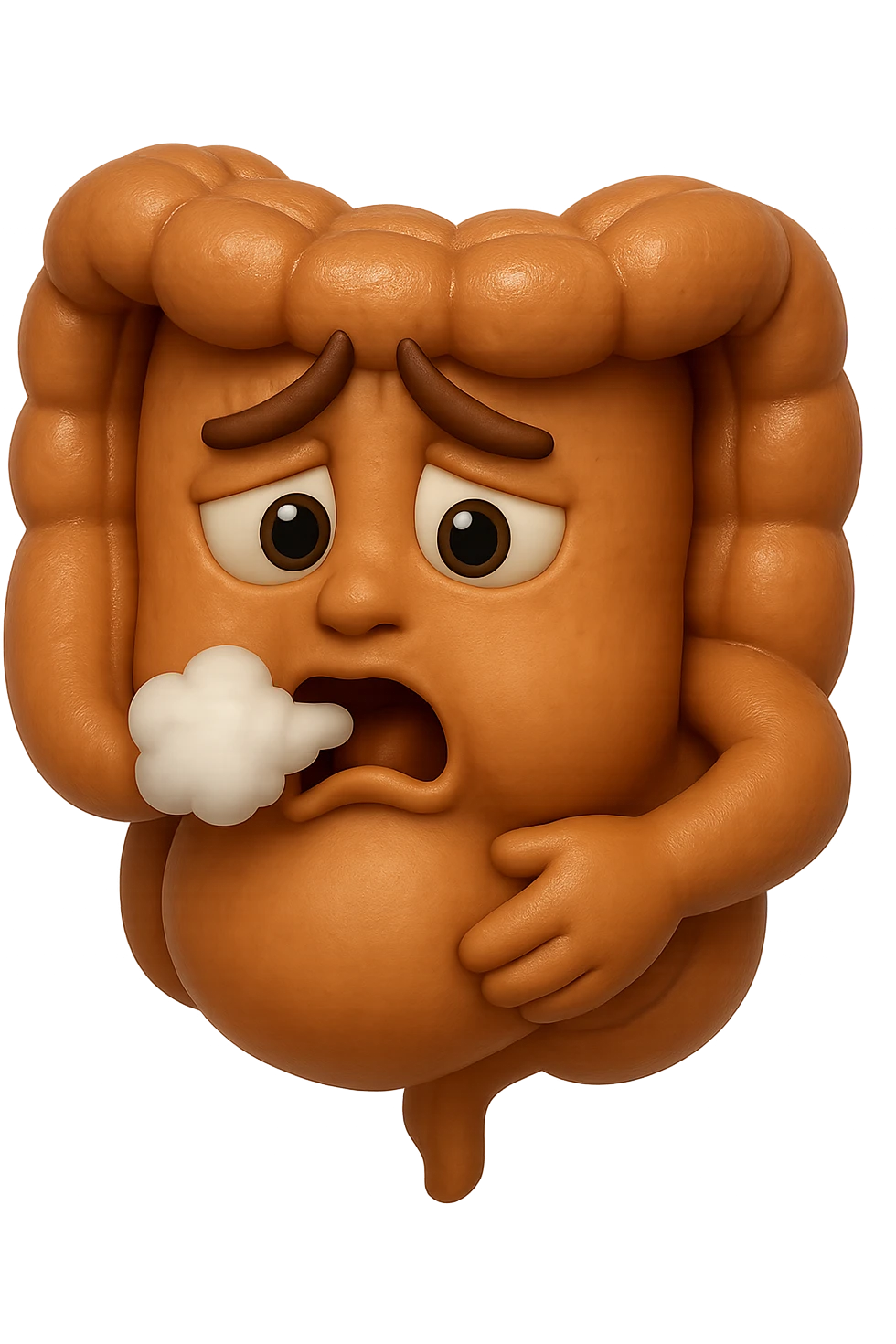 emoji stile iphone di un intestino che ingoia una nuvoletta di aria ben visibile e gli si gonfia la pancia, iperrealistico 4k emoji