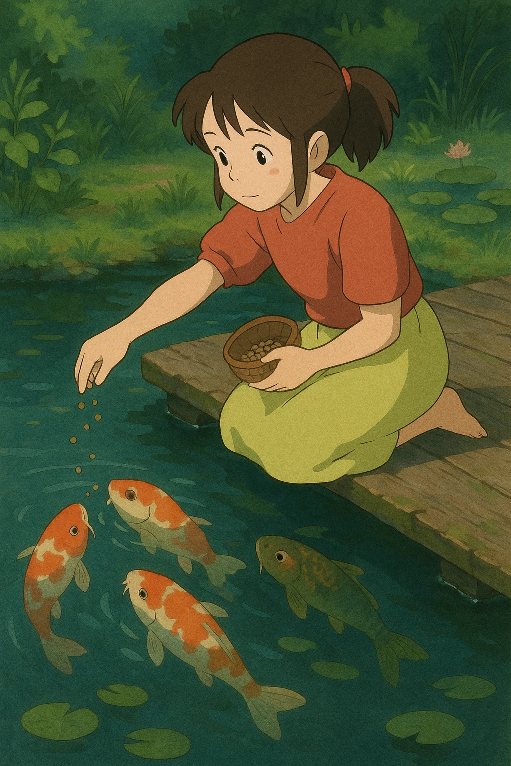 girl feeding koi fish in a pond emoji