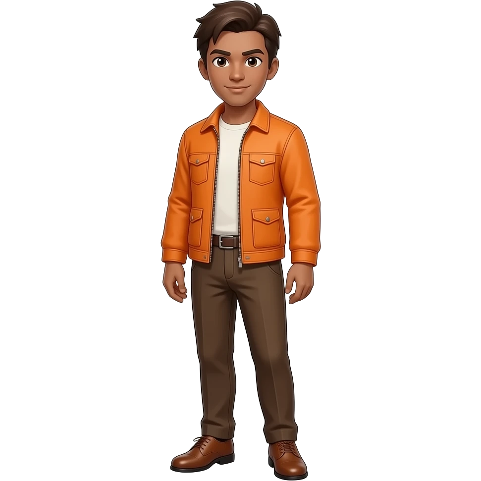 Anime men brown skin orange jacket and brown pants and brown dress shoes brown hair emoji