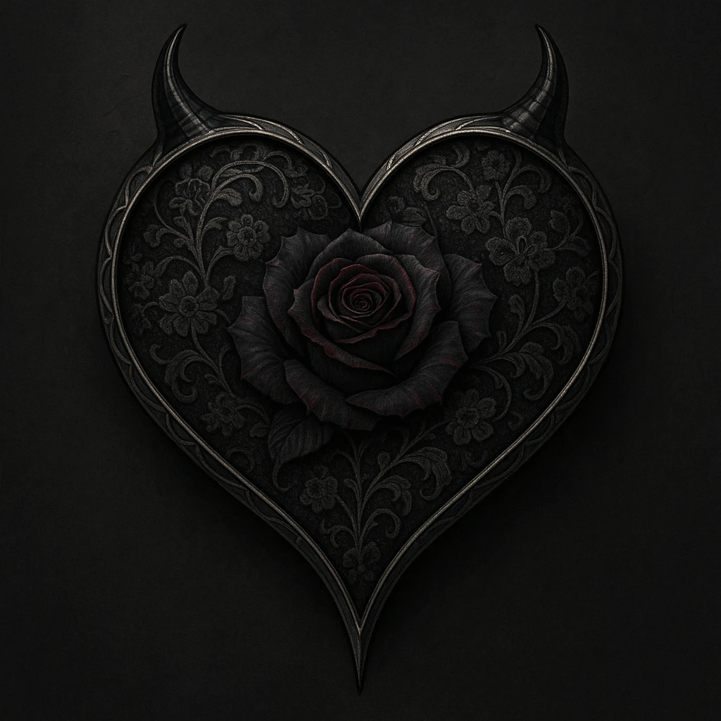Create a gothic devil heart featuring lace patterns, silver accents, and a dark rose motif. The overall style should be elegant and haunting. emoji