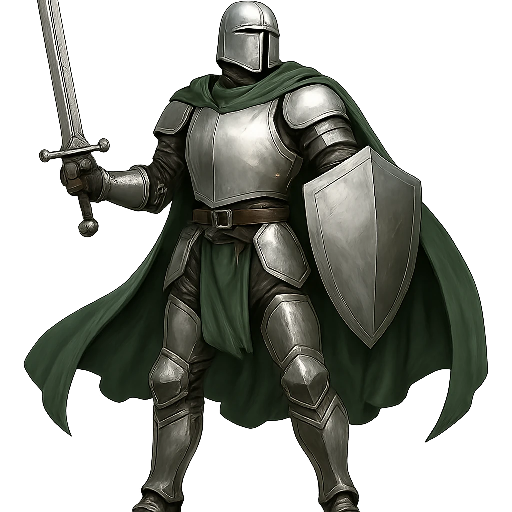 full body warrior in silver armor with a green cape, heroic pose emoji