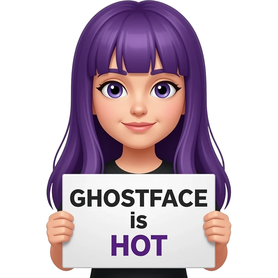 girl with long purple hair holding a GHOSTFACE is HOT sign emoji