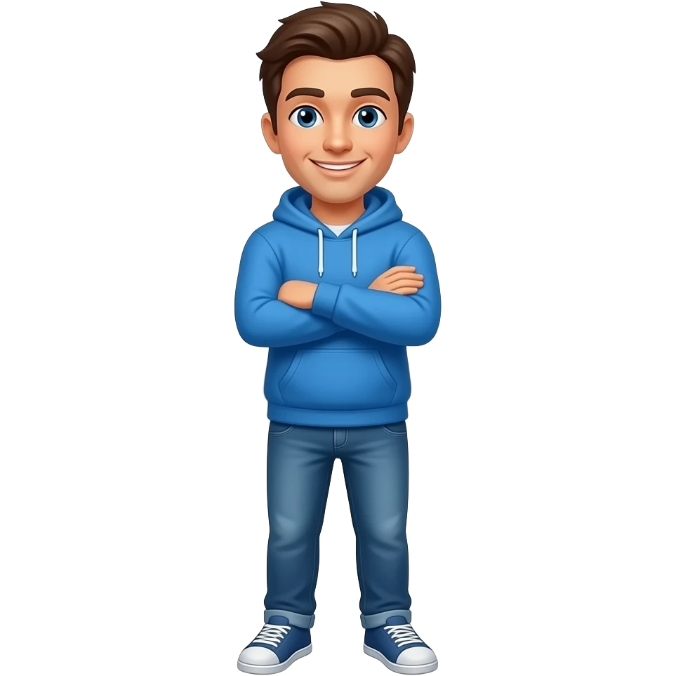 A 3D emoji-style illustration of a friendly man in casual clothes (blue hoodie and jeans), standing with arms crossed and looking directly at the viewer with a warm smile. The words: 'Answer to them,' are in bold white text, while the name 'Baly' is rendered in a vibrant, glowing sky blue color. emoji