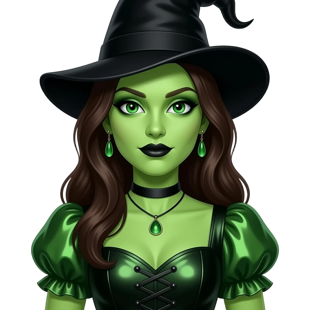 The Wicked Witch from The Wonderful Wizard of Oz with green skin, green eyes, long dark brown hair, black eyeshadow, black lipstick, black and green metallic sweetheart sleeve dress, black hat, black necklace and earrings emoji