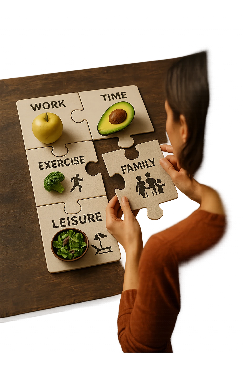 realistica cinematic photo a person is surrounded by puzzle pieces, each representing a different aspect of their life (work, exercise, family, leisure), and healthy foods are integrated into each piece. The person assembles the puzzle, creating a complete, personalized nutrition plan. The mood is uplifting and creative. in italiano emoji