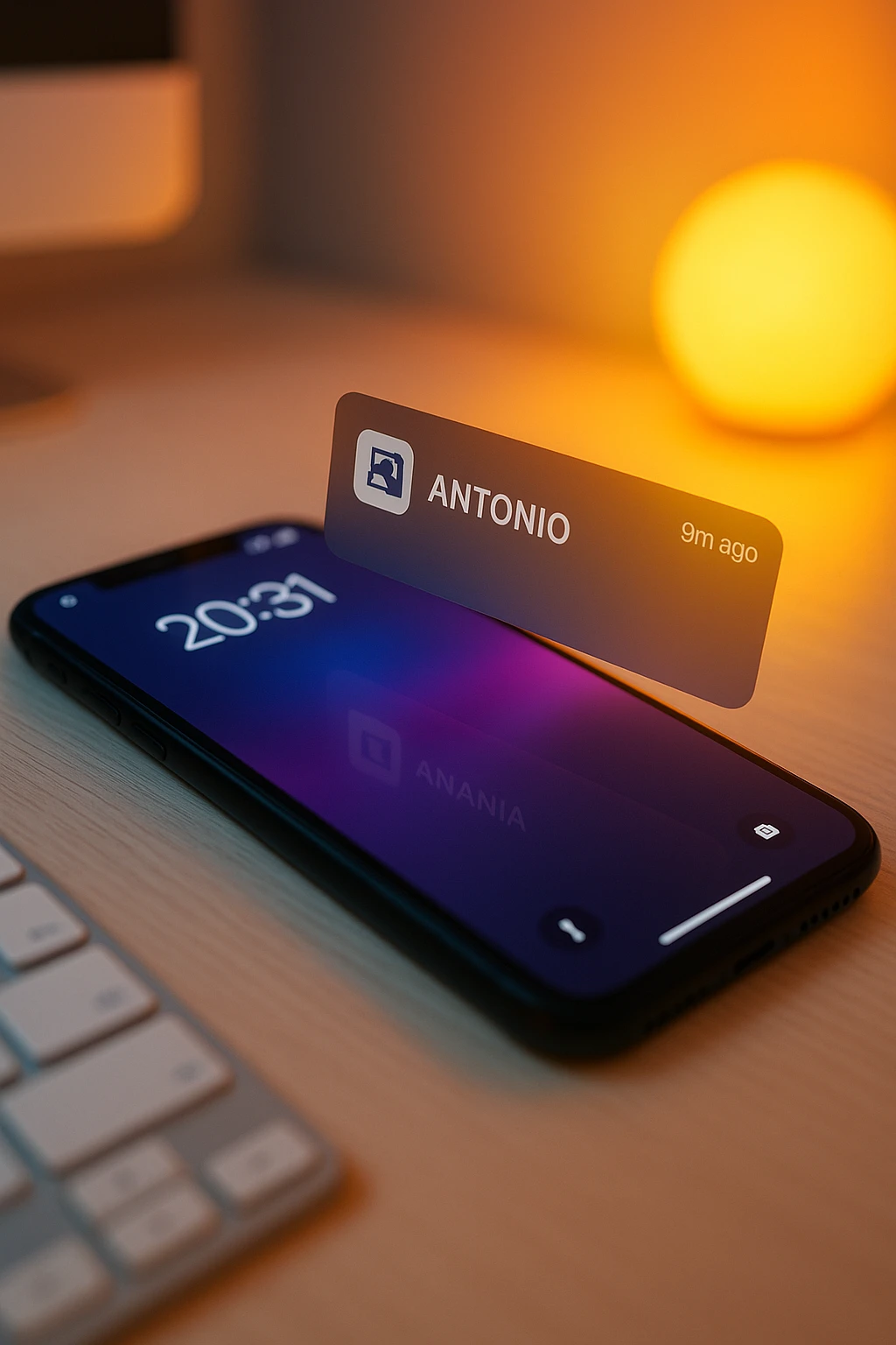 A photo of an iPhone with the message "Antonio Anania" on its scree, both surrounded by soft light and shadow. The phone sits atop a desk with a blurred background that suggests work environment. A faint glow from above casts gentle shadows across the surface of each object, creating depth and highlighting their textures. emoji