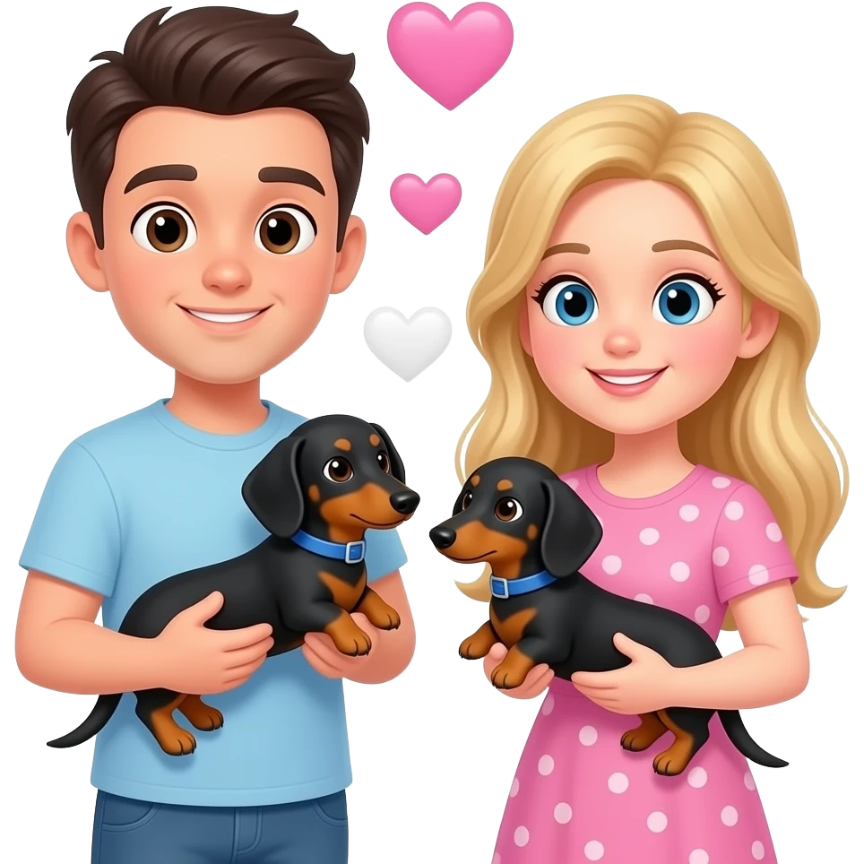 Cute Caucasian, male with dark hair, female with blonde hair with pink and white hearts holding a miniature black and tan dachshund with blue collar emoji