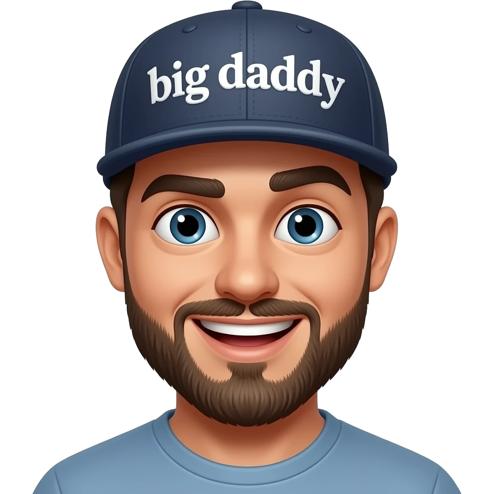 Funny man making a silly face with a snap back hat that says “big daddy” emoji